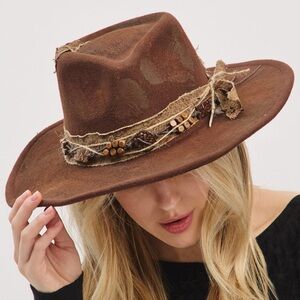 Brown Vintage Inspired Distressed Fabric Band Rustic Western Fedora Hat
